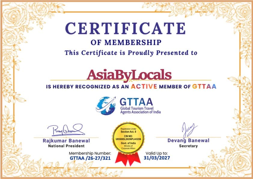 GTTAA Certificate of Membership - GlobeByLocals - Global Tourism Travel Agents Association of India - Active Member - Valid until 2027